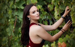 Woman red dress grapes outdoors - grape free wallpaper