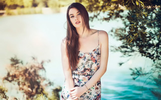 Woman floral dress lake misty - floral free wallpaper