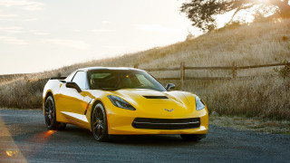 Yellow sports car road fence - a sun free wallpaper