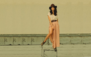 Woman hat dress ledge suitcase - private press free wallpaper