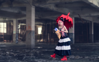 Woman umbrella dress city rain - cosplay free wallpaper