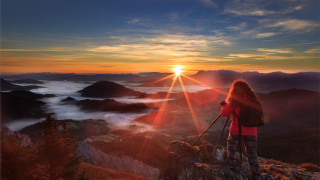 Woman mountain sunset clouds lake - the cloud free wallpaper