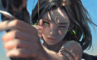 Woman aiming bow green eyes - a sky background behind her free wallpaper