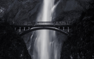 Bridge waterfall trees night mountain - alson s. clark free wallpaper