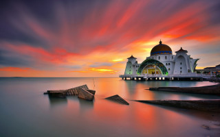 Boat colorful sky clouds building - impressionist free wallpaper
