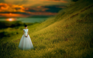 Woman white dress field sunset - art photography free wallpaper for desktop