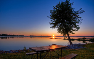 Picnic table tree lake sunset - sunset free wallpaper