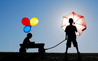 Child umbrella balloons ferris moon - a surrealist painting free wallpaper