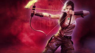 Woman archer red background fantasy - a bow and arrow free wallpaper for desktop