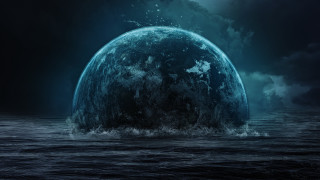 Large blue ocean floating moon - cloudy free wallpaper