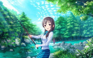Girl fishing river nature impressionism - a stream free wallpaper
