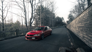Red car wooden fence cherry - the side of a road next free wallpaper