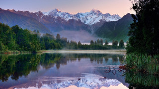 Lake mountains trees birds sunset - a few bird free wallpaper