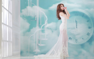 Woman white dress clock wall 2 - a clock in the background free wallpaper
