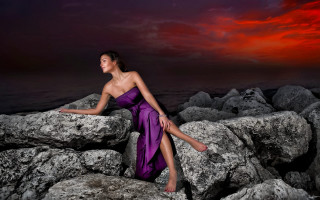 Purple dress sunset rocks ocean - rock free wallpaper