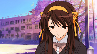 Girl long hair bow building - a purple background free wallpaper