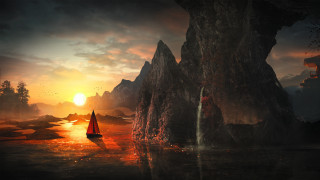 Boat mountain sunset waterfall fantasy - near free wallpaper for desktop