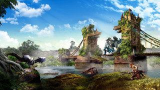 Bridge man bike water horse - a horse and a man free wallpaper