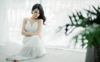 Woman white dress sitting plant 2 - bian jingzhao free wallpaper