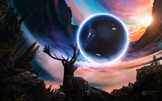 Deer planet sky stars painting - matte fantasy painting free wallpaper
