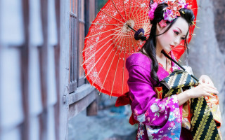 Geisha red umbrella black purse - a red flower free wallpaper