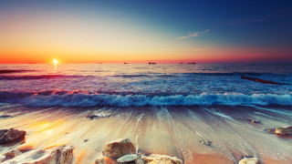 Beach sunset boat rocks city - a few boat free wallpaper