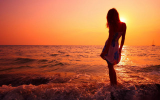 Woman sunset beach sailboat water - sunset free wallpaper