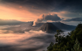 Mountain smoke forest city sunset - a cloud of smoke free wallpaper