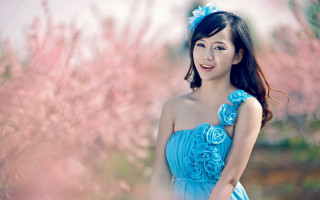 Woman blue dress cherry blossoms - branch free wallpaper