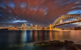 Bridge city night clouds reflection - a bridge over a body of water free wallpaper