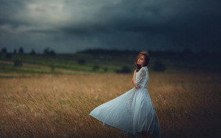 Woman white dress field cloudy 2 - anka zhuravleva free wallpaper