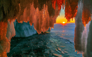 Sunset lake ice boat forest - the water below free wallpaper