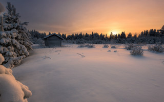 Snowy cabin trees dusk matte - artur grottger free wallpaper