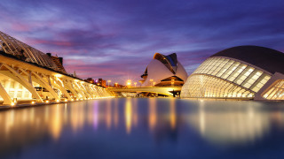 Large building bridge water night - modernism free wallpaper