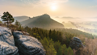 Mountain forest sunset lake cliff - a view of a mountain free wallpaper