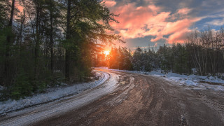 Snowy road sunset cityscape forest - the ground and trees free wallpaper