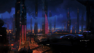 Futuristic city night architecture bridge - matte painting concept art free wallpaper