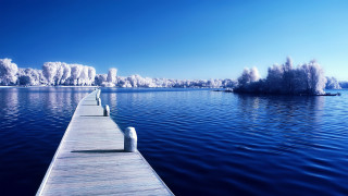 Lake dock boat trees sky - the background and a boat free wallpaper
