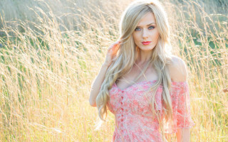 Pink dress woman field wind - impressionist free wallpaper