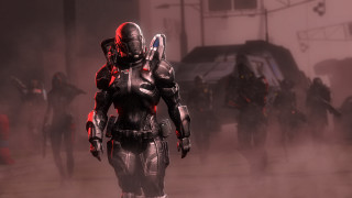 Futuristic suits group street bus - a street in front free wallpaper