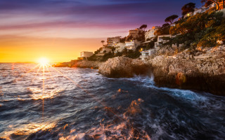 Sunset ocean houses cliff waves - bernard meninsky free wallpaper