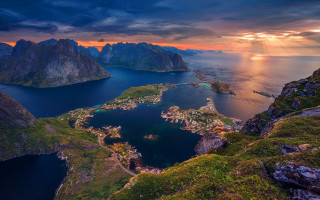 Sunset island ocean mountains cityscape - artur grottger free wallpaper for desktop