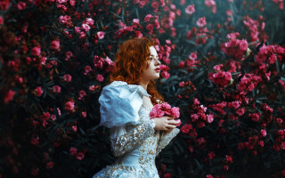 Woman pink flower gothic portrait - elsa bleda free wallpaper