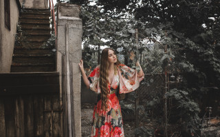Woman tree fence bird artnouveau - a long dress free wallpaper