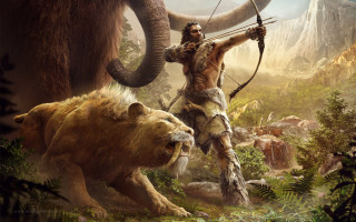 Man bow arrow large animal - primitivism free wallpaper