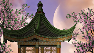 Pagoda fullmoon bloomingtrees chenchi mattefantasy - full free wallpaper