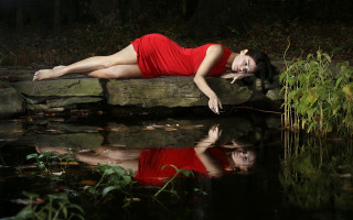 Woman red dress pond woods - a rock free wallpaper