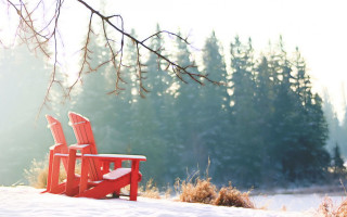 Red chair bench snow tree - a red chair free wallpaper
