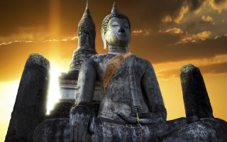 Buddha sunset mountain desert embers - liminal space free wallpaper