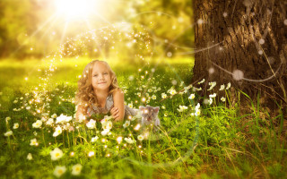 Little girl grass tree cat - the grass next free wallpaper